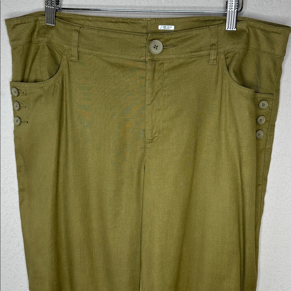 Cabi Women's‎ Linen Blend Charlie Trouser Size 14 Olive Green Flared Pant #5314L - Picture 4 of 16